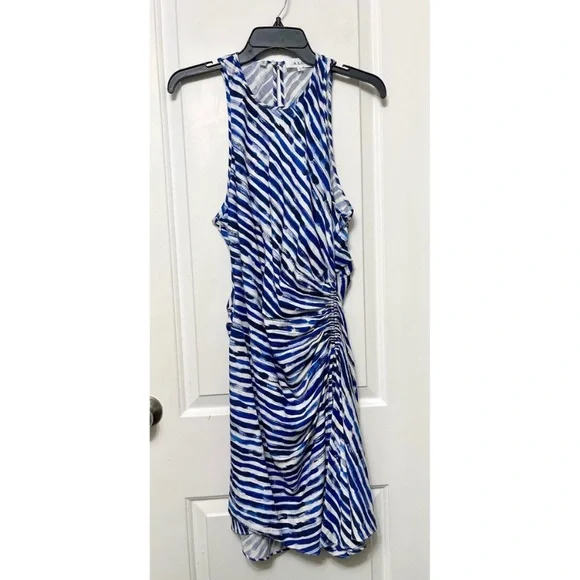 New A.L.C. Rue Stripe Ruched Silk Blend Dress in White Blue Size 14 - Picture 5 of 13